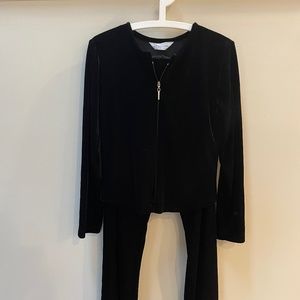 Black velour zip jacket, elastic-waist pants, size small.